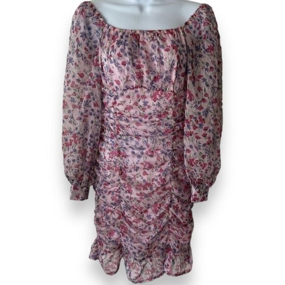 Pink Floral Ruffle Hem Ruched Bodycon Dress - Picture 2 of 10